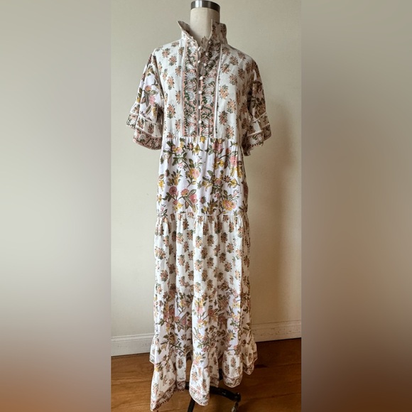 NWOT Sue Sautor Hamilton Floral Kaftan Dress Sherbert tiered maxi. Large - Picture 2 of 11